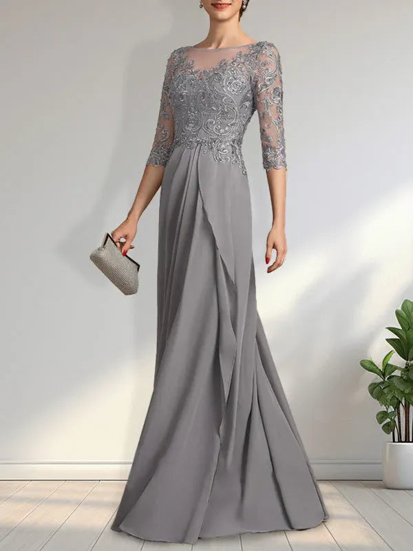 Vestido para la madre de la novia línea A con escote redondo ilusión, largo hasta el suelo, de gasa y encaje con cuentas, lentejuelas y volantes en cascada