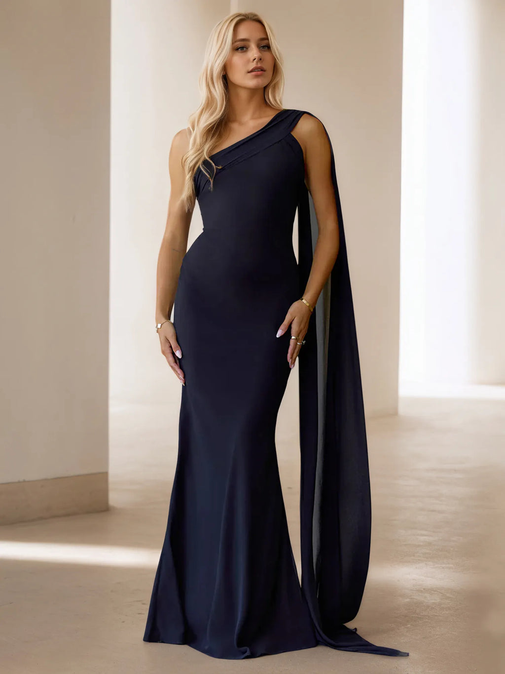 One-Shoulder Cape Detail Chiffon Mermaid Maxi Gown Formal Evening Dress