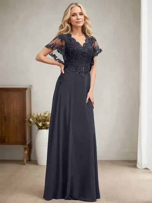 Robe mère de la mariée ligne A col en V longue en dentelle et chiffon avec sequins