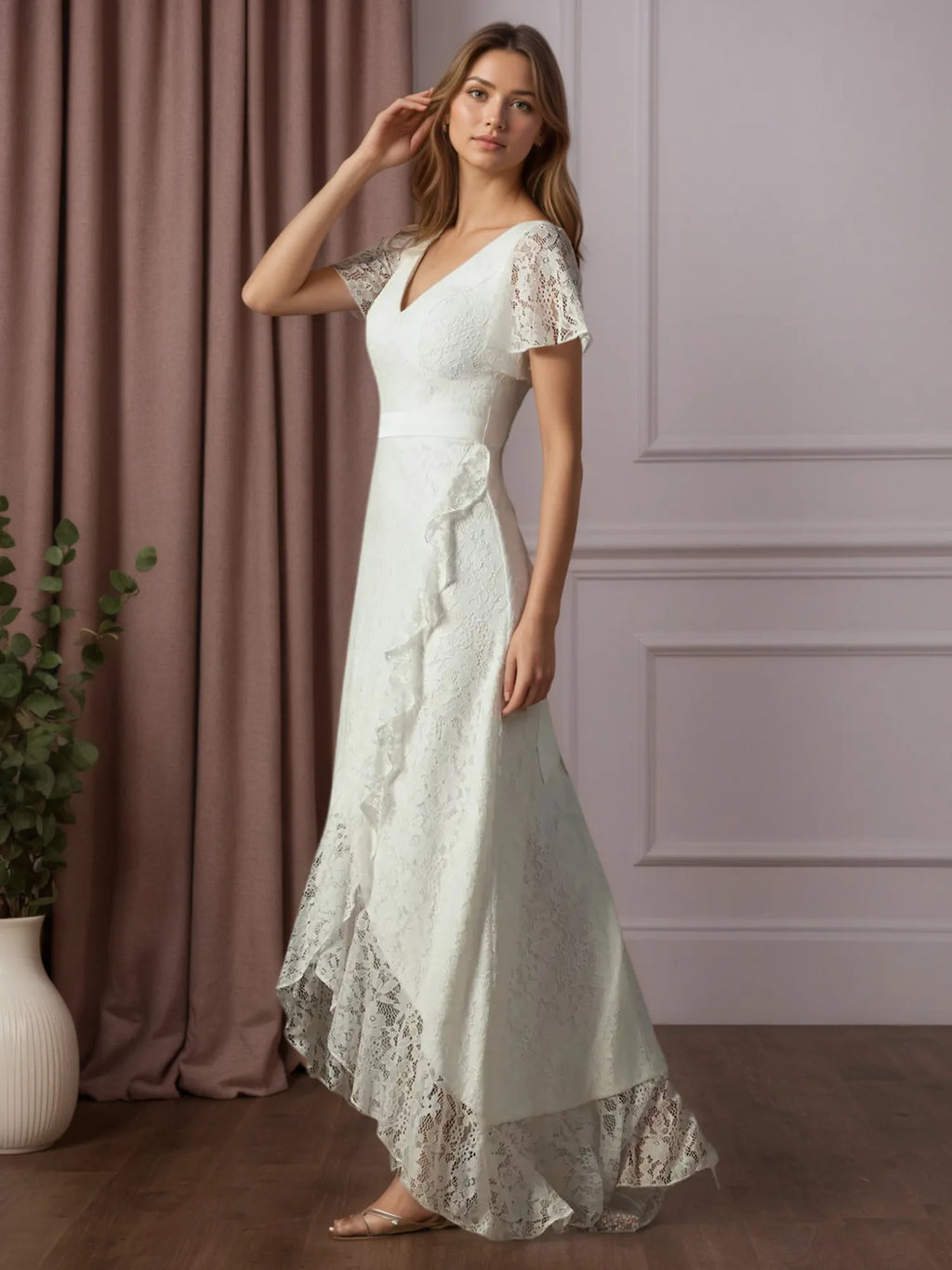 White A-Line V-Neck Lace Wedding Dress