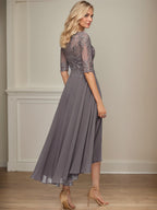 A-Linien Bootsausschnitt Illusionskleid mit asymmetrischem Chiffon-Spitzenstoff, Mutter-der-Braut-Kleid mit Paillettenperlen