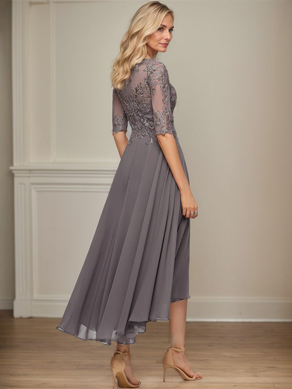 A-Linien Bootsausschnitt Illusionskleid mit asymmetrischem Chiffon-Spitzenstoff, Mutter-der-Braut-Kleid mit Paillettenperlen