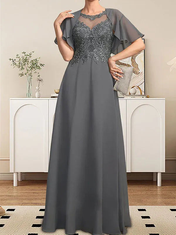 A-Linien Rundhals Illusions-Bodenlanges Spitzen-Chiffon Mutter-der-Braut-Kleid mit Pailletten