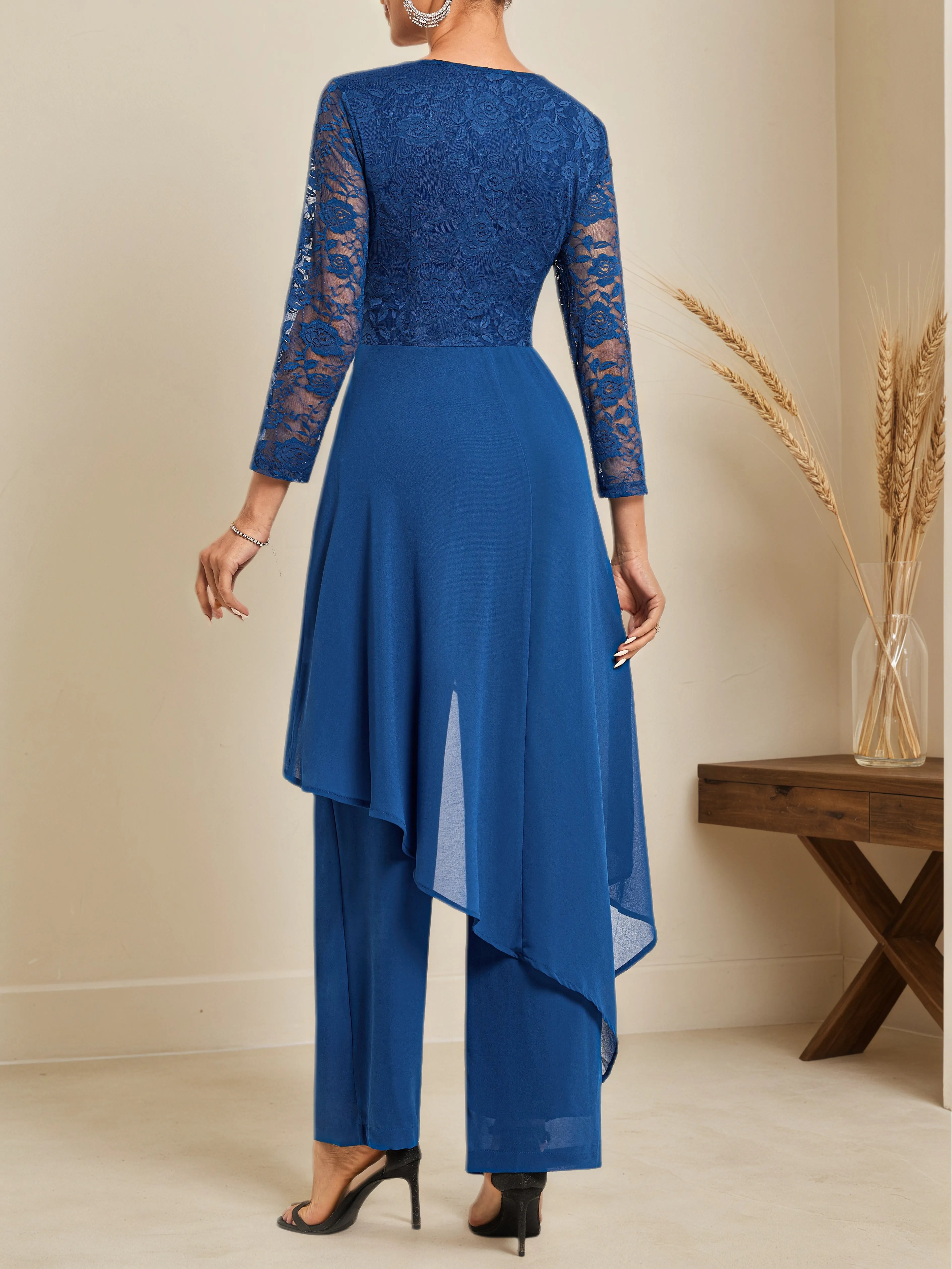 Conjunto de dos piezas para mujer: top azul de encaje con escote en V y mangas tres cuartos para madre del novio o la novia con pantalones