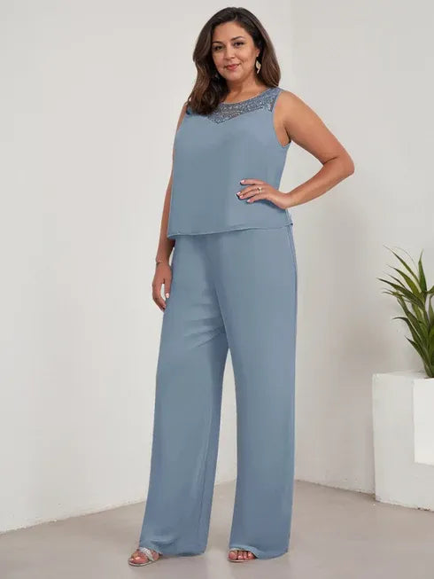 Chiffon Kleid mit Rundhalsausschnitt und langen Ärmeln, Mutter-der-Braut Hosenanzug mit Jacke