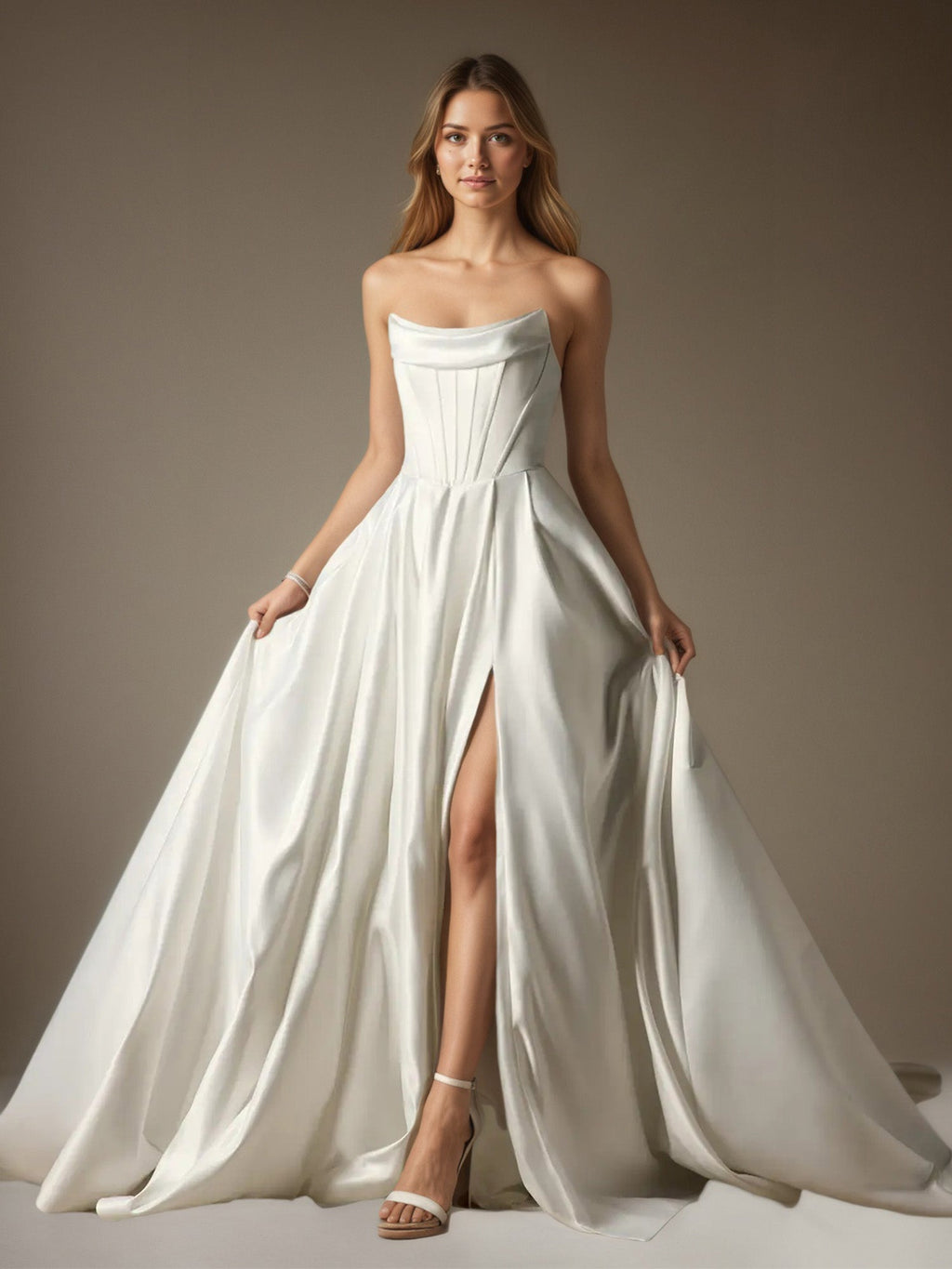 Vestido de novia de satén sin tirantes en línea A con falda de gala blanca