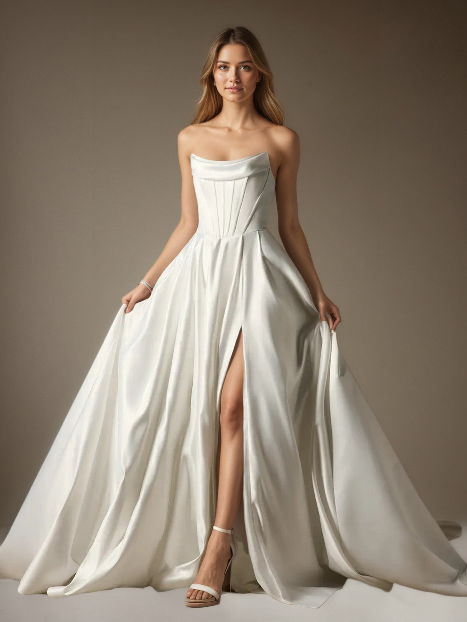 Vestido de novia de satén sin tirantes en línea A con falda de gala blanca