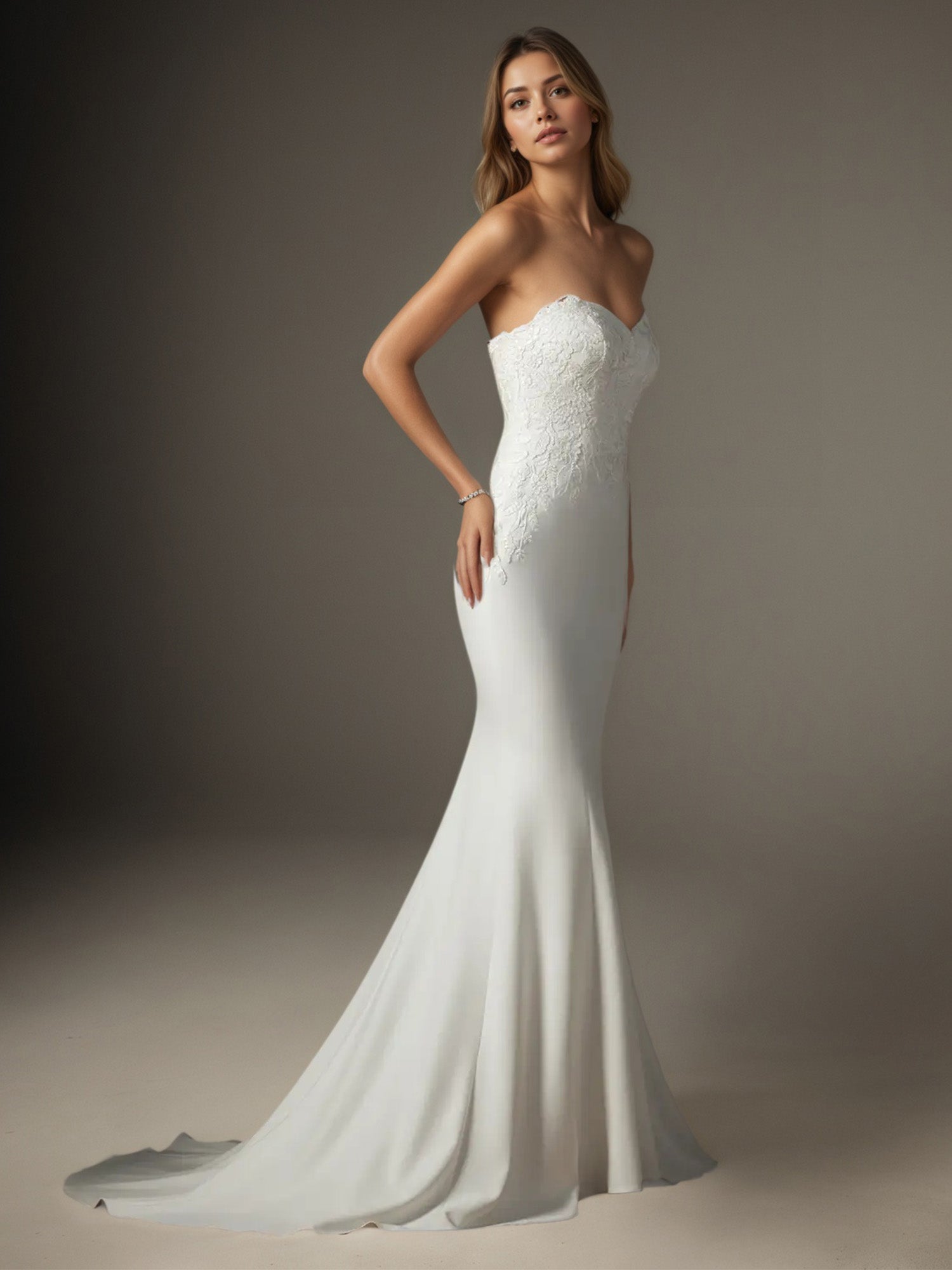 Weißes Meerjungfrauen-Hochzeitskleid aus Pailletten-Stretch-Crêpe