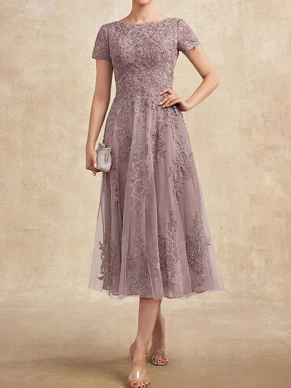 Robe de mère de la mariée A-line en tulle et dentelle, col arrondi, longueur thé