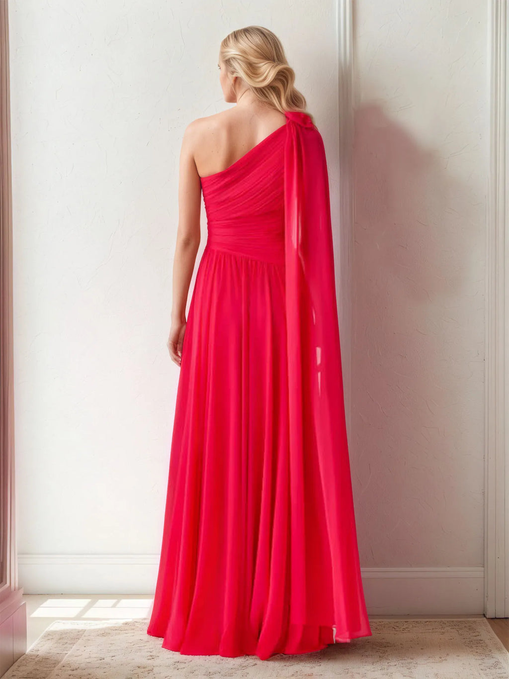 Chiffon One Shoulder 3D Floral Floor-Length Evening Dress