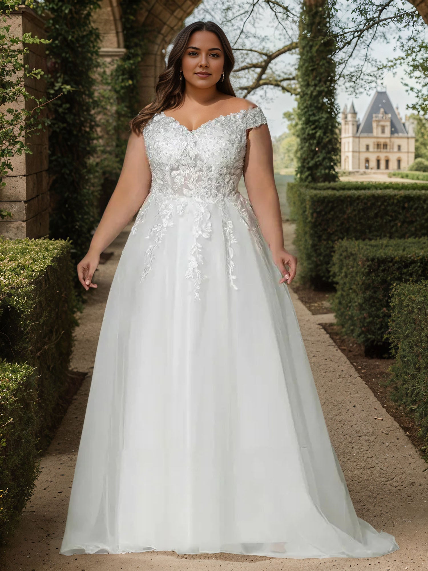 Off the Shoulder White Ball-Gown Applique Wedding Dress