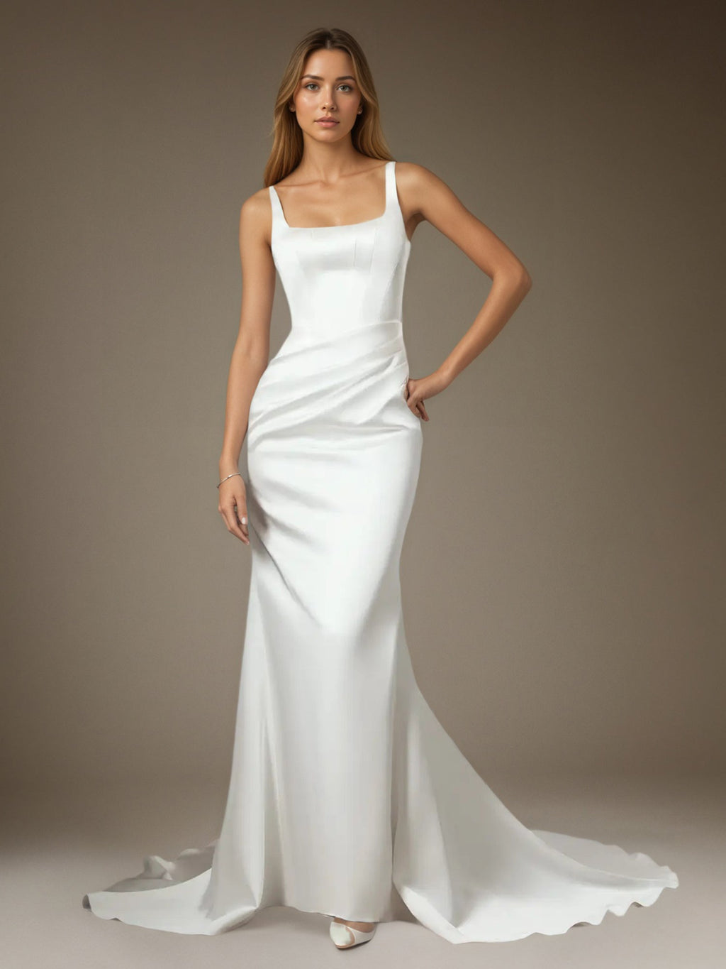 Vestido de novia blanco sirena con escote cuadrado y satén doble faz