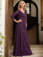 Vestido de madre de la novia línea A con escote en V, largo hasta el suelo, chiffon plisado y bordado