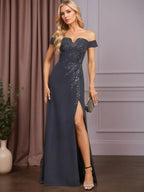 A-line Off the Shoulder Floor-Length Lace Chiffon Evening Dress With Sequins