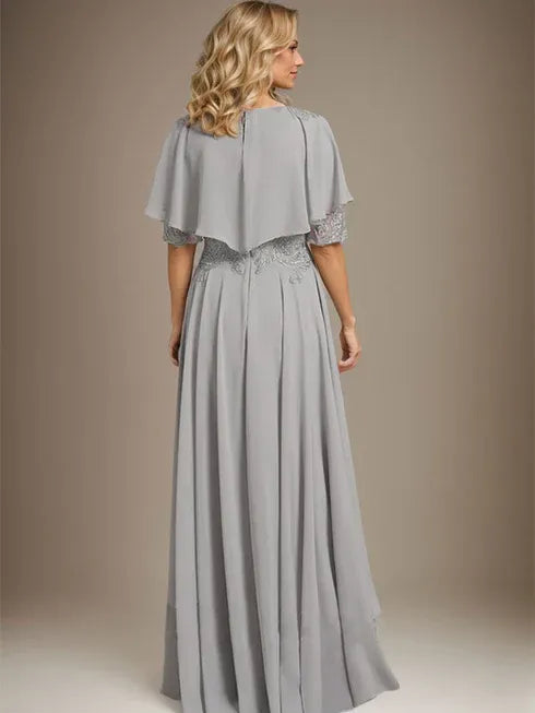 A-Linien Kleid mit Scoop-Ausschnitt, Illusion, asymmetrischem Chiffon und Spitzen, Mutter-der-Braut-Kleid mit Perlenbesatz