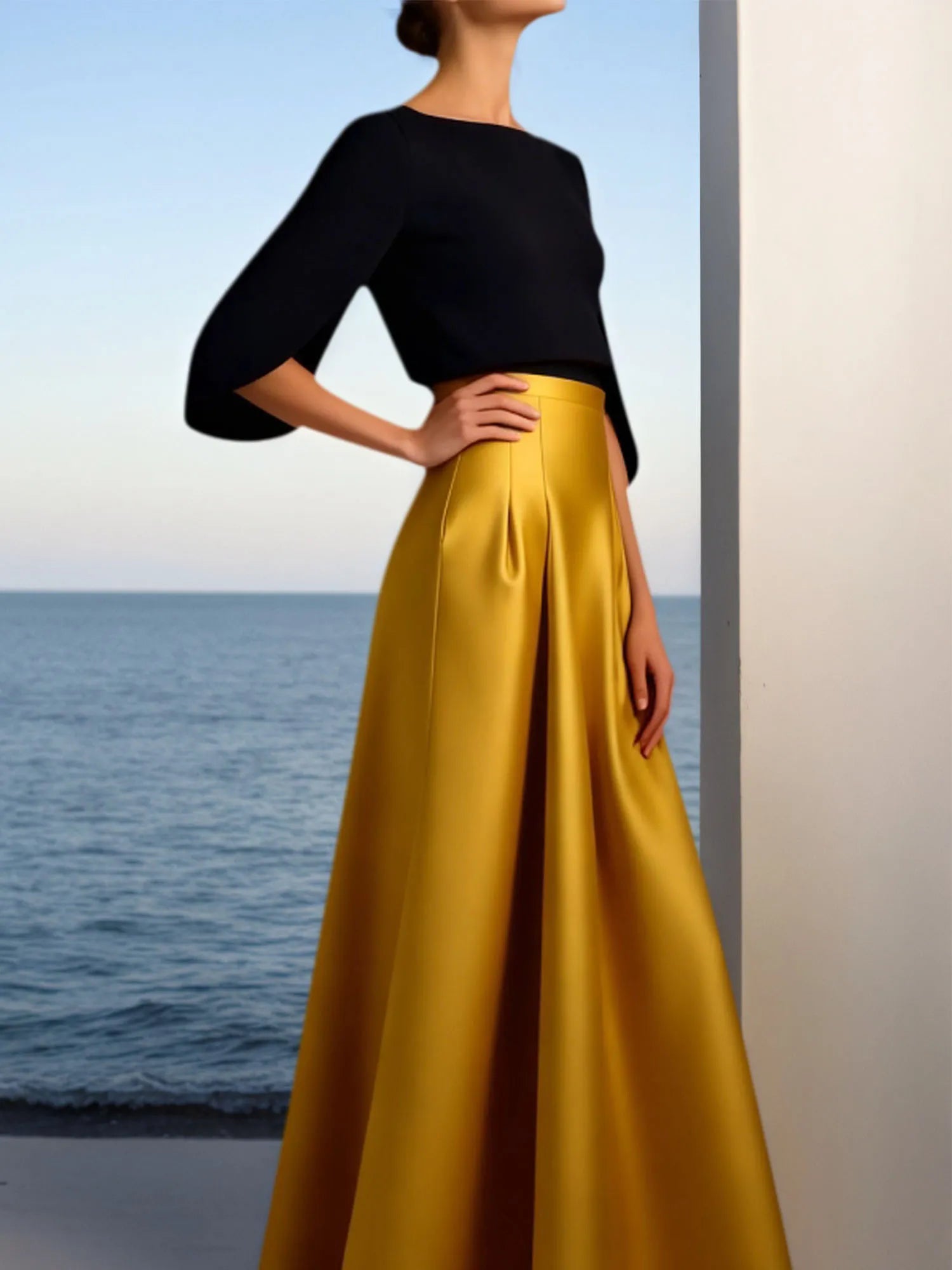 Evening Formal Dress Golden A-Line Crew Neck Satin Maxi Dress