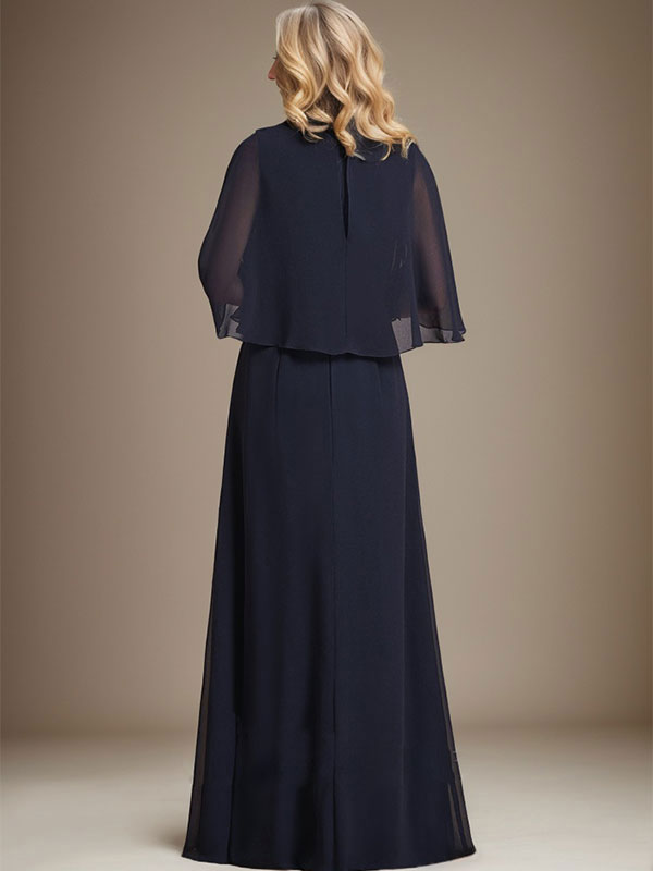 A-Linien V-Ausschnitt Bodenlanges Chiffon Kleid für die Brautmutter mit kaskadierenden Rüschen und Kristallbrosche