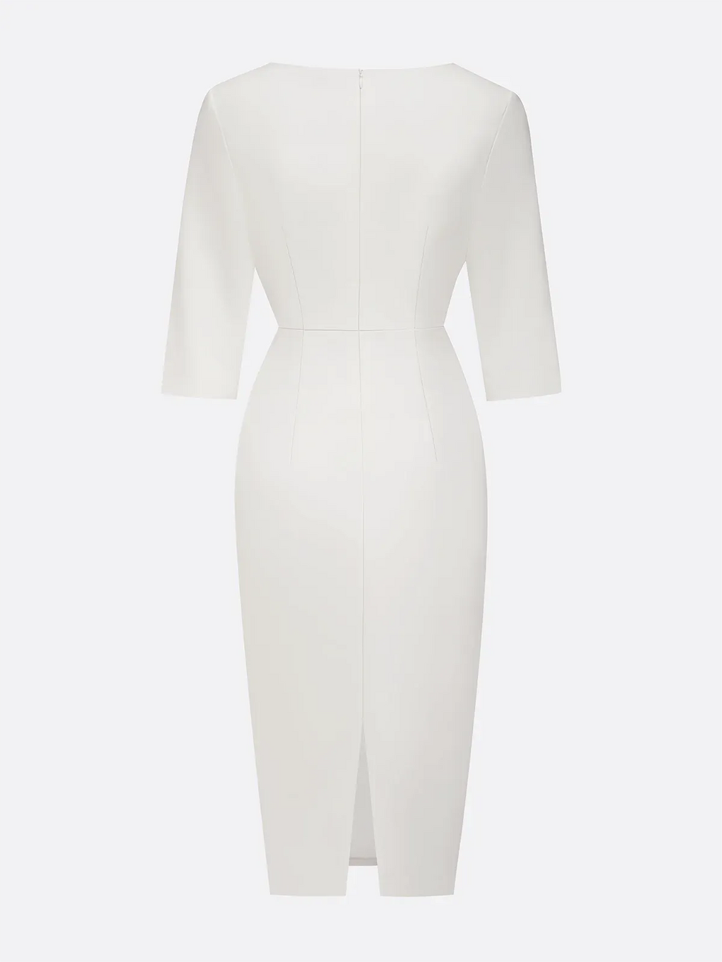 Abito midi bianco con perle finte, classico, scollo tondo, maniche a mezza lunghezza, modello aderente