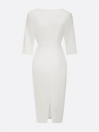 Abito midi bianco con perle finte, classico, scollo tondo, maniche a mezza lunghezza, modello aderente