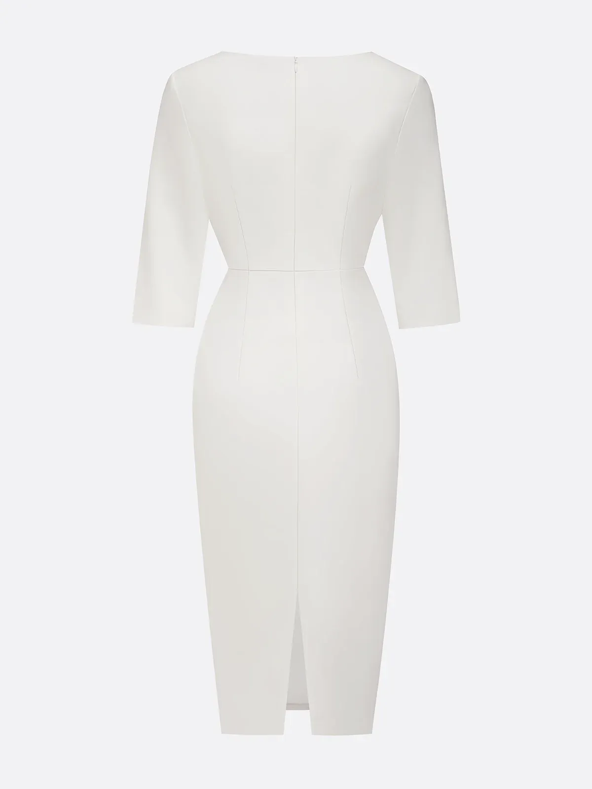 Abito midi bianco con perle finte, classico, scollo tondo, maniche a mezza lunghezza, modello aderente