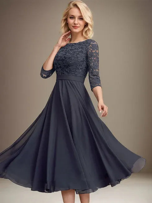 A-Linien Spitzen-Chiffon-Brautmutterkleid mit V-Ausschnitt, tea-length, mit Pailletten