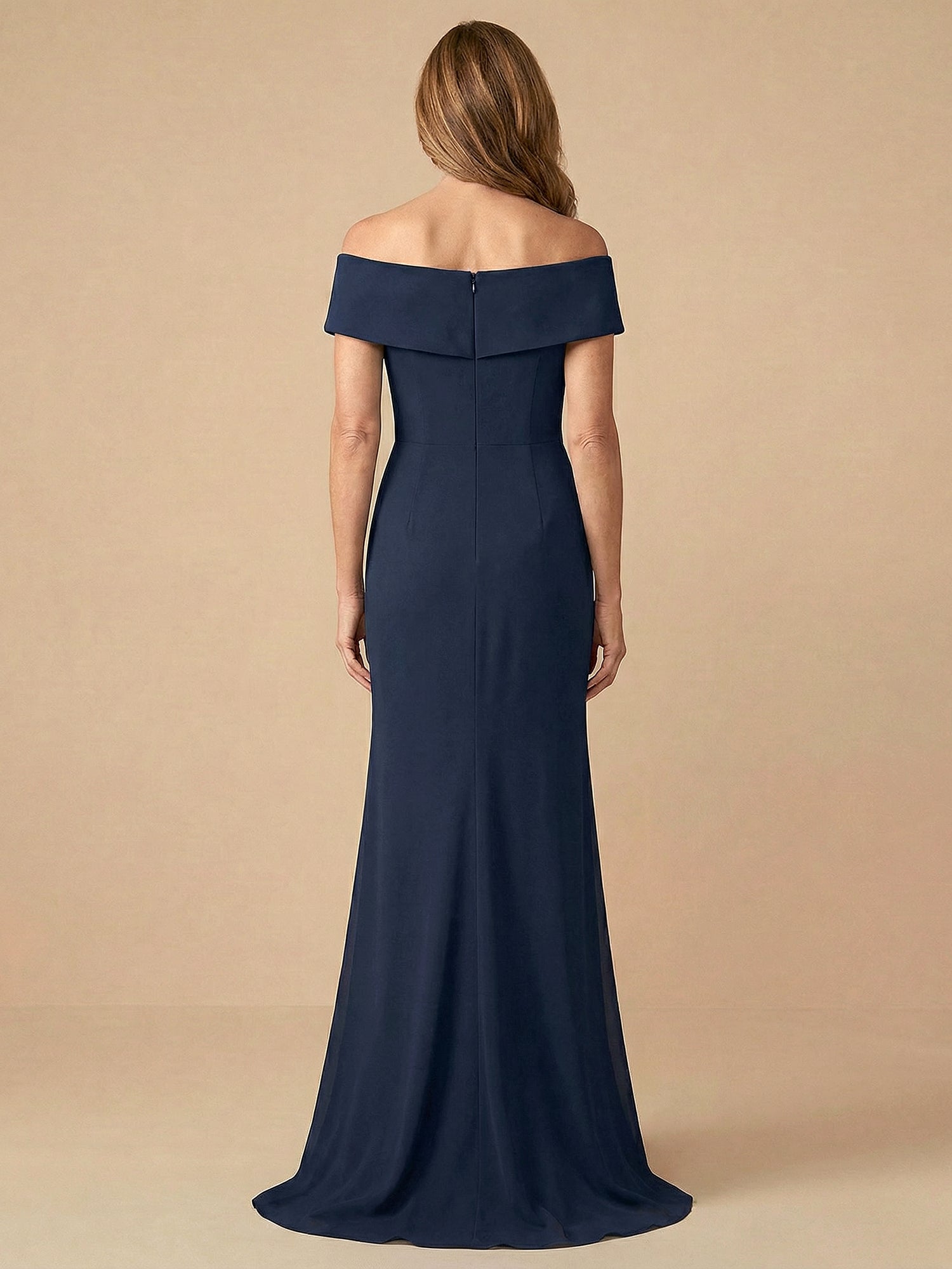 Schulterfreies Rüschen-Chiffon Kleid für die Mutter der Braut mit Applikationen