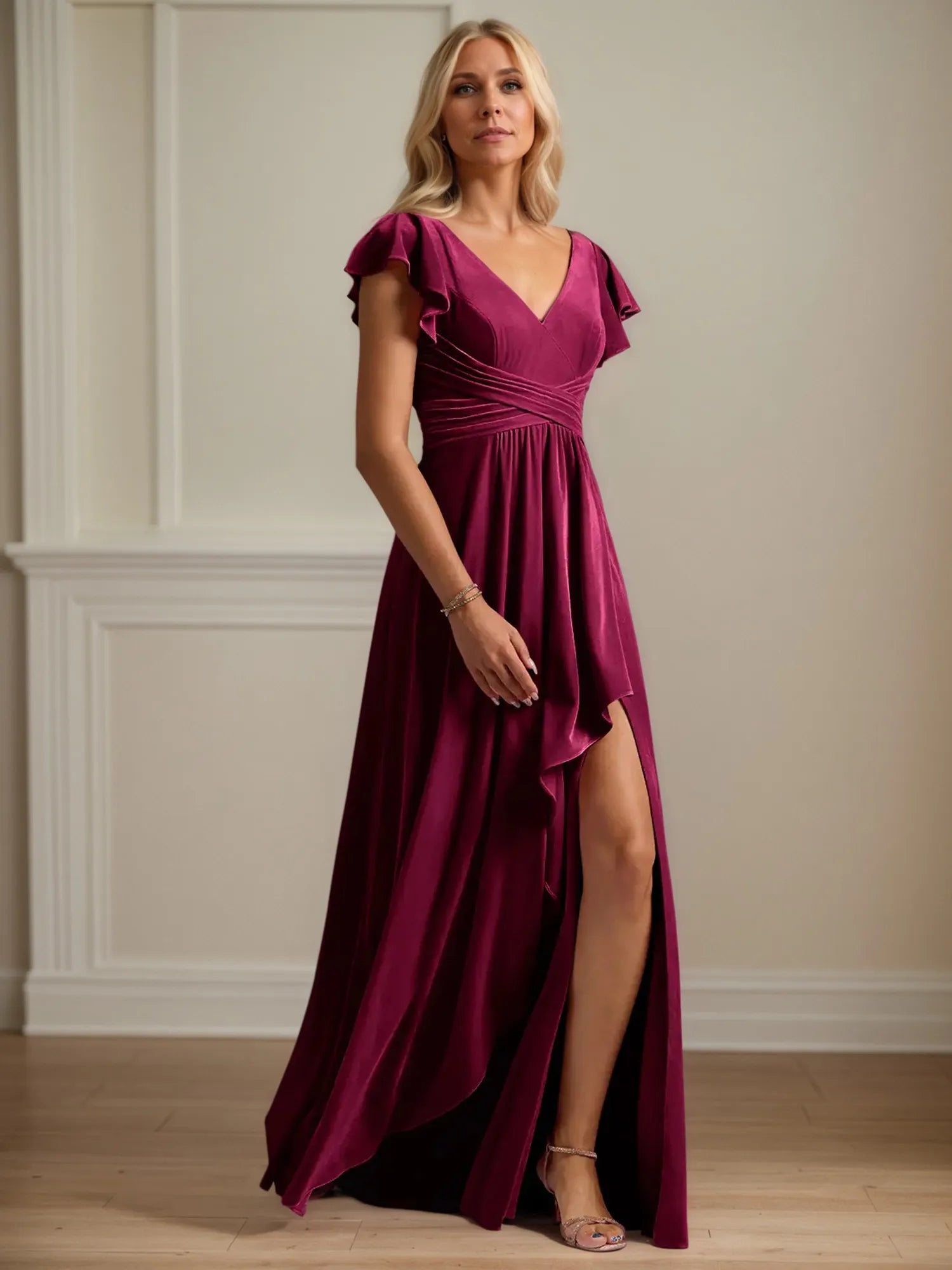 A-Linien V-Ausschnitt Kurzarm Samt Brautmutterkleid mit Rüschen