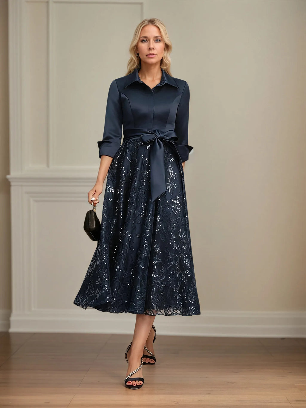 A-Linien-Mutter-der-Braut-Kleid mit Kragen, V-Ausschnitt, tea-length, Satin, Spitze, Pailletten und Schleife