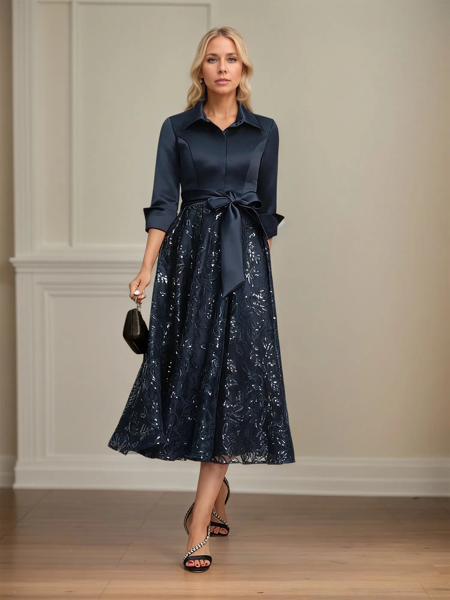 A-Linien-Mutter-der-Braut-Kleid mit Kragen, V-Ausschnitt, tea-length, Satin, Spitze, Pailletten und Schleife