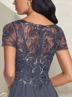 Anthrazitgraues A-Linien-Kleid mit Rundhalsausschnitt, lang, Mutter der Braut, mit Perlenbesatz