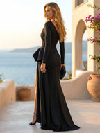 One Shoulder Mermaid Long Sleeves Satin Evening Dresses with Train