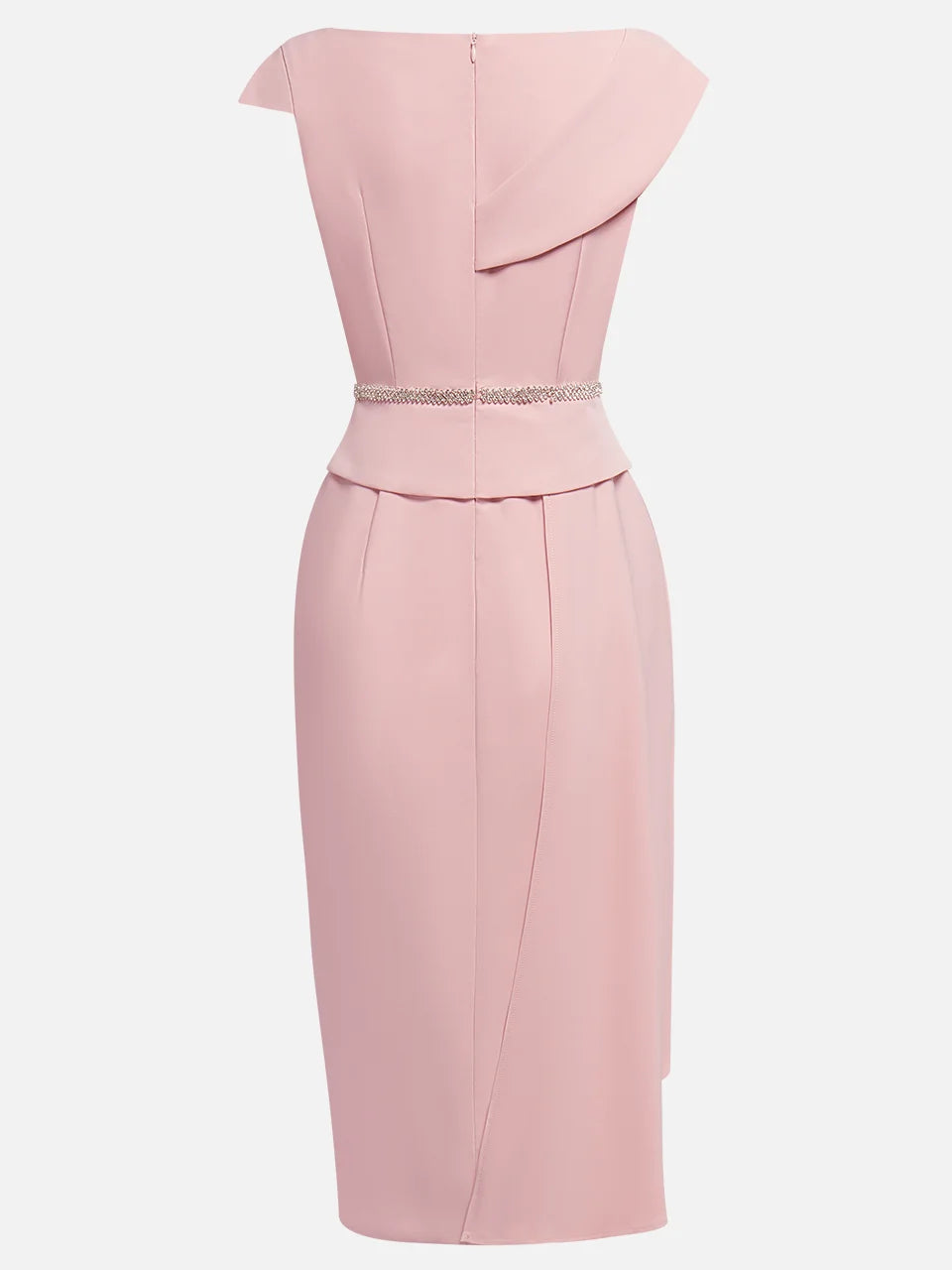 Vestido Midi Rosa com Decote Assimétrico, Manga Curta e Strass, Modelo A-Line
