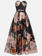Schwarzes florales Chiffon trägerloses ärmelloses A-Linien Midikleid