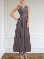 A-Linien Kleid mit V-Ausschnitt, knöchellang, aus Chiffon, Mutter der Braut Kleid mit Pailletten, Applikationen, Spitze und Perlenbesatz