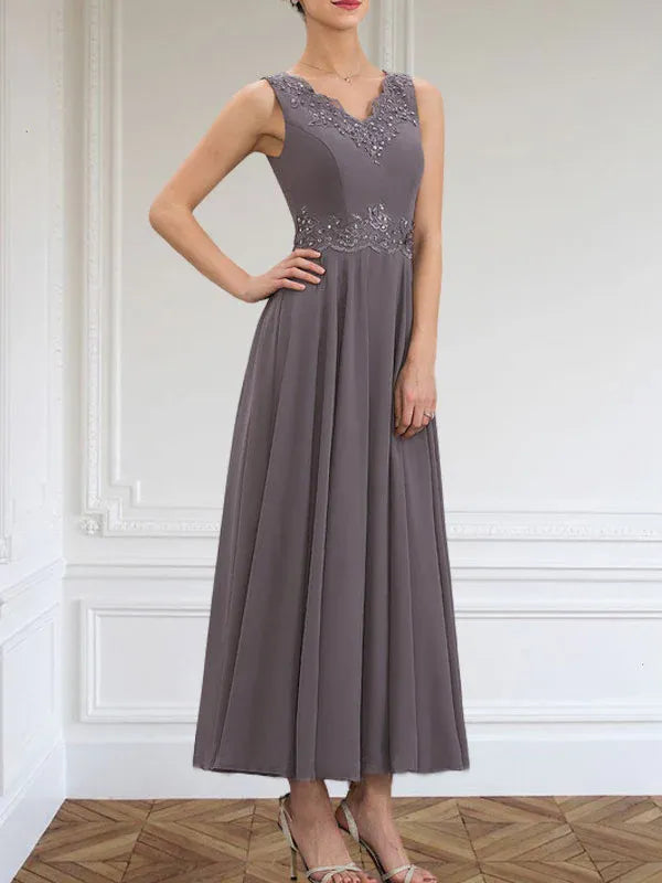 A-Linien Kleid mit V-Ausschnitt, knöchellang, aus Chiffon, Mutter der Braut Kleid mit Pailletten, Applikationen, Spitze und Perlenbesatz