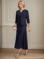 Vestido de mãe da noiva separado evasê, comprimento chá, de chiffon com decote redondo, paetês e bordados