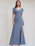 Abito da damigella lungo in chiffon blu ardesia a linea A con scollo a V e volant