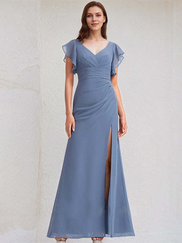 Abito da damigella lungo in chiffon blu ardesia a linea A con scollo a V e volant
