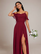 Bordeaux A-Linien Spaghettiträger Bodenlanges Chiffon Brautjungfernkleid mit Rüschen
