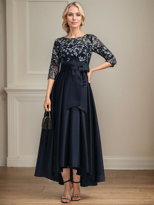 A-line Scoop Illusion Asymmetrical Satin Lace Mother of the Bride Dress With Bow