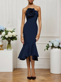 Dark Blue 3D Floral Strapless Mermaid Midi Dress