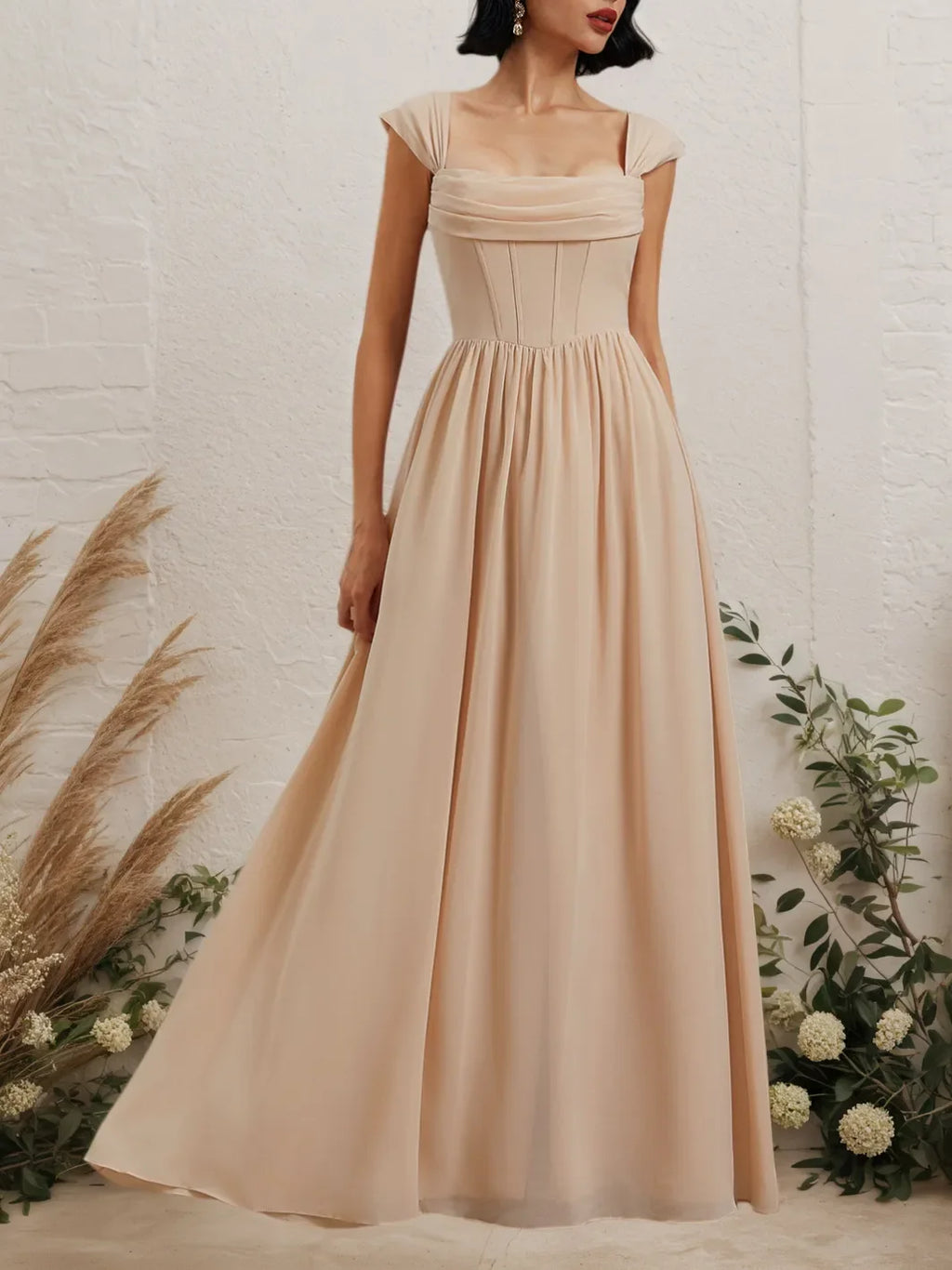 Rosa klassisches Maxikleid mit quadratischem Ausschnitt, ärmellos, A-Linie
