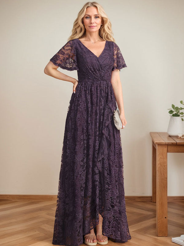 Robe de mère de la mariée en dentelle asymétrique, coupe trapèze, col en V, avec volants en cascade