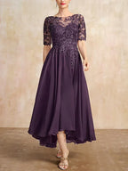 A-Linien Scoop-Ausschnitt Illusion asymmetrisches Chiffon-Spitzen-Mutter-der-Braut-Kleid mit Pailletten