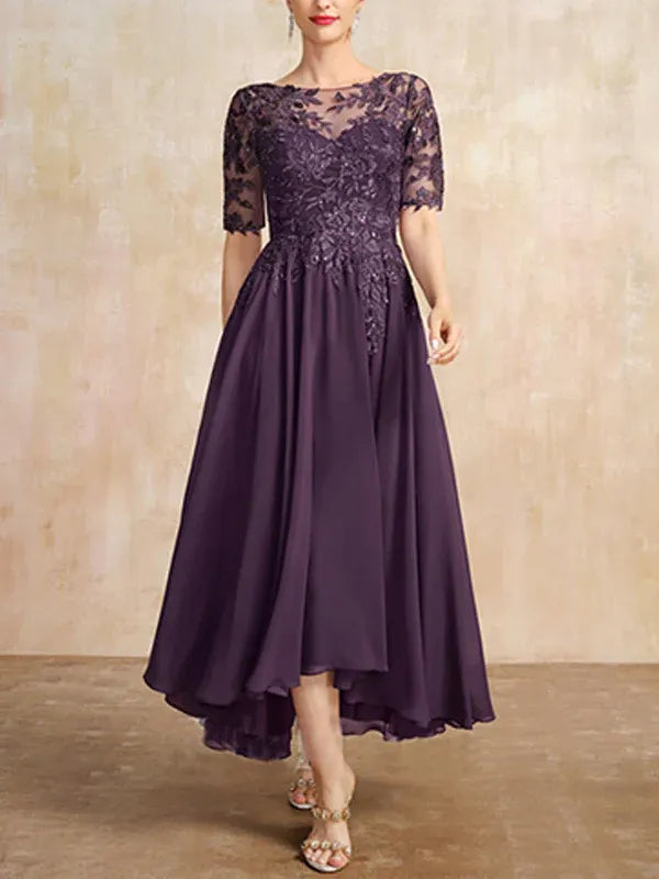 A-Linien Scoop-Ausschnitt Illusion asymmetrisches Chiffon-Spitzen-Mutter-der-Braut-Kleid mit Pailletten