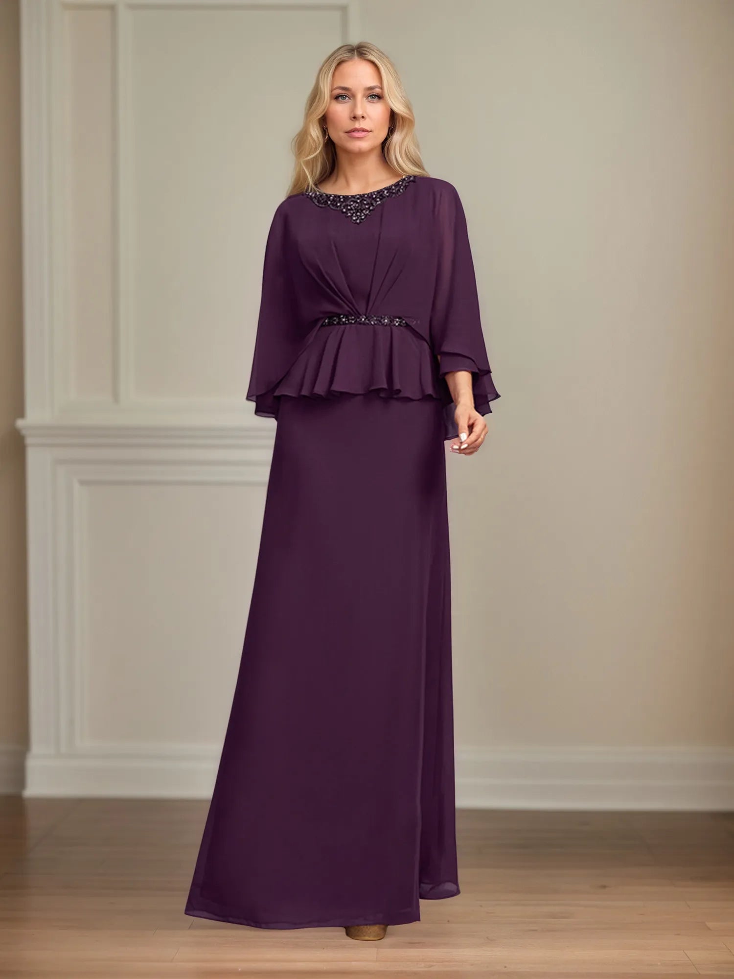 A-Linien U-Ausschnitt bodenlanges Chiffon-Mutter-der-Braut-Kleid mit plissierten Pailletten und Perlen