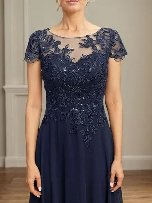 Robe mère de la mariée ligne A illusion à col rond longueur thé en dentelle mousseline avec paillettes