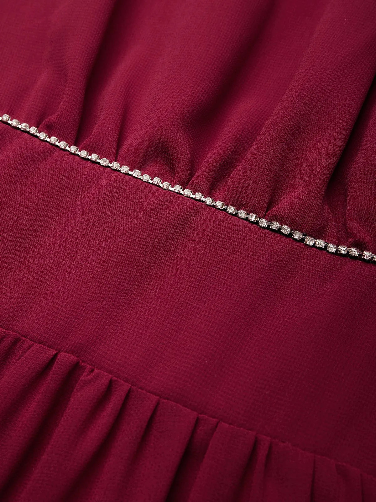 Abito lungo classico rosso vino A-line senza maniche con scollo a V e strass