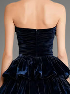 Evening Formal Dress Navy Off The Shoulder Velvet Maxi Dress With Ruffles