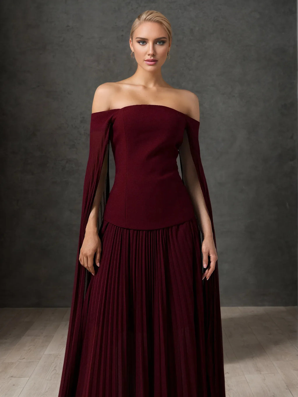 Off-Shoulder Cape Sleeve Pleated Maxi Gown Formal Evening Dress